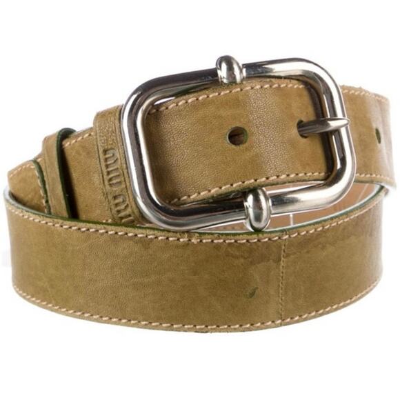 Miu Miu Accessories - Miu Miu Caramel Brown Leather Belt Oversized Silver Rectangular Buckle